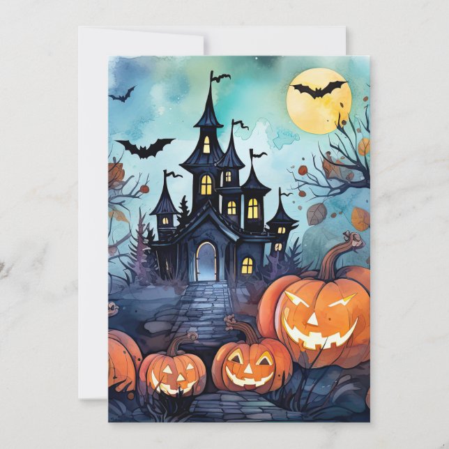 Jack O’Lanterns Bats Haunted Mansion Halloween Holiday Card (Front)