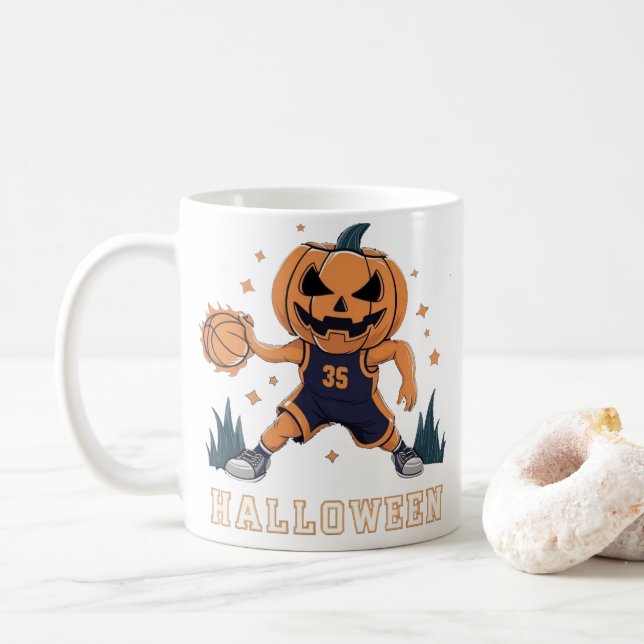 Jack-o'-Lantern's Fiery Slam Dunk: Halloween Night Coffee Mug (With Donut)