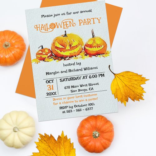 Jack O Lanterns on Autumn Leaves Halloween Party Invitation