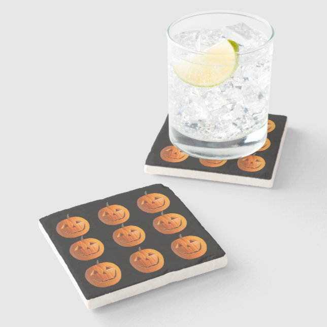 Jack-O-Lanterns on Black Marble Stone Coaster (Side)