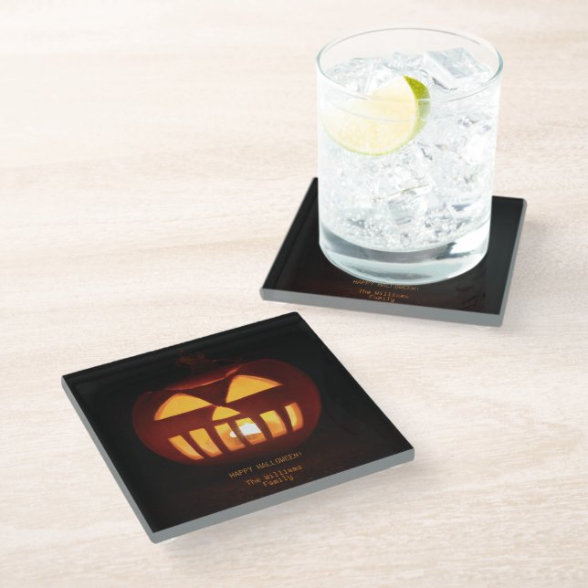 Jack O'Lantern Funny Lit Carved Pumpkin Halloween Glass Coaster (Angled)