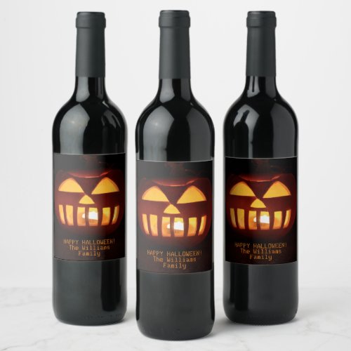 Jack OLantern Funny Lit Carved Pumpkin Halloween Wine Label
