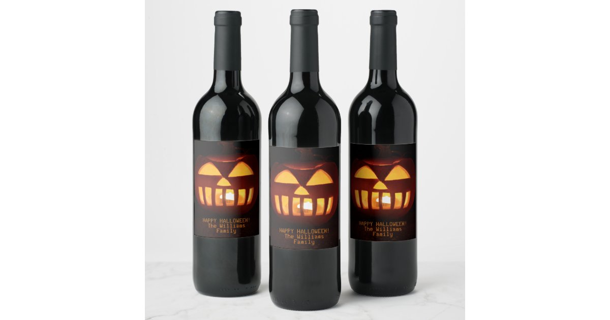 Jack O'Lantern Funny Lit Carved Pumpkin Halloween Wine Label | Zazzle