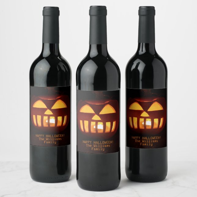 Jack O'Lantern Funny Lit Carved Pumpkin Halloween Wine Label (Bottles)