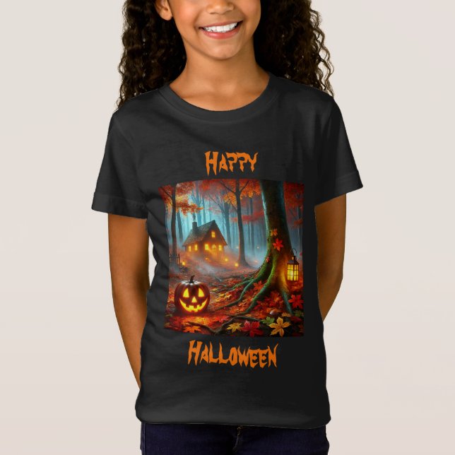 Jack O'Lantern in Spooky Forest on Halloween T-Shirt (Front)