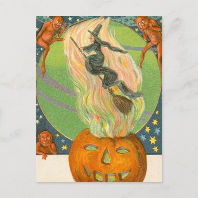 Jack O'Lantern Pumpkin Witch Fire Demon Postcard (Front)