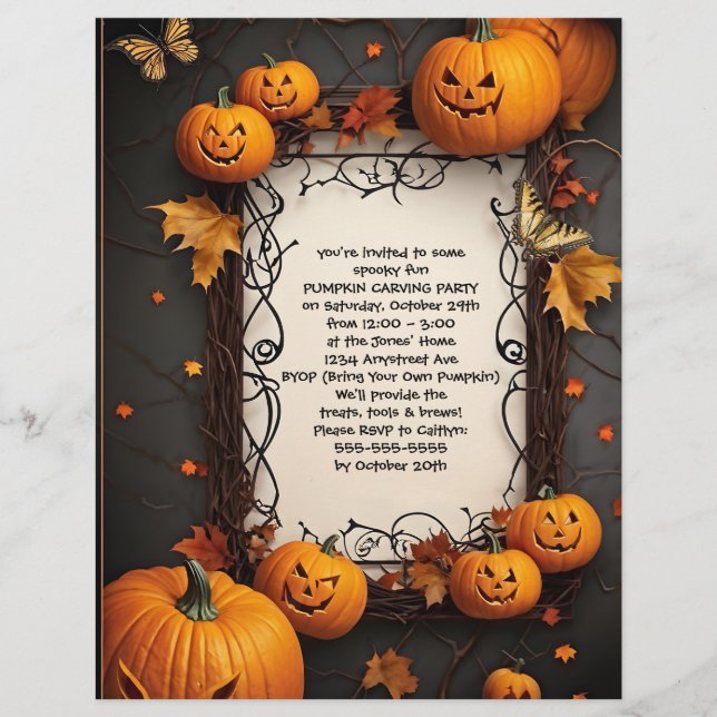 Jack O'Lanterns and Butterflies Halloween Party Letterhead (Front)