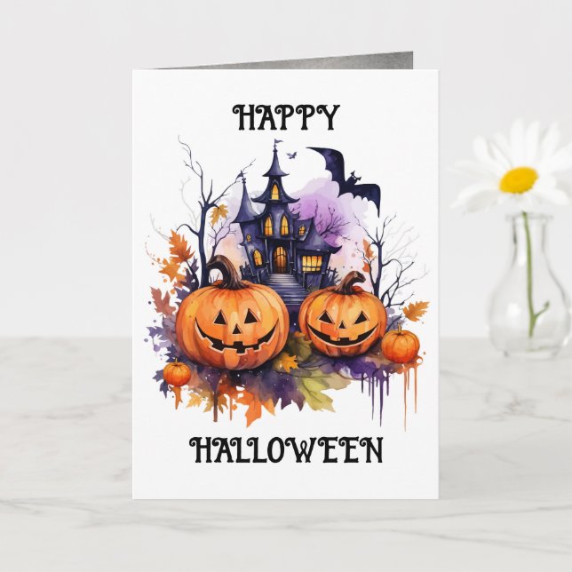 Jack o'Lanterns Haunted House Halloween Card (Small Plant)
