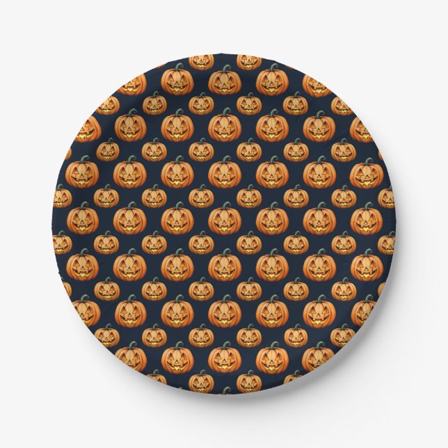 Jack o'Lanterns on Black Halloween Paper Plates (Front)