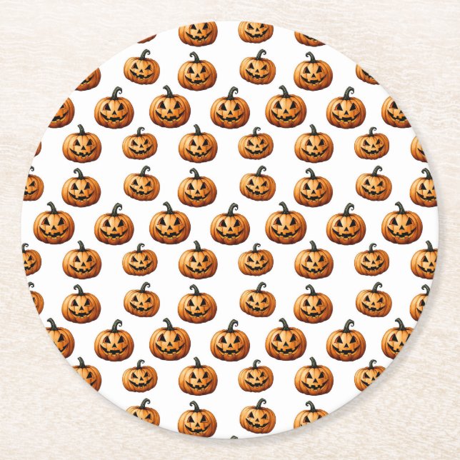 Jack O'Lanterns on White Halloween Round Paper Coaster (Front)