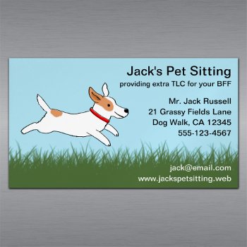 Jack Russell Cartoon Dog Running On Grass Business Card Magnet by jennsdoodleworld at Zazzle