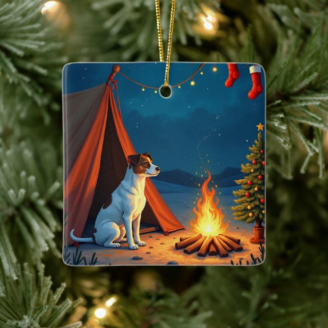 Jack Russell Christmas Camping Night Painting Ceramic Ornament (Tree)