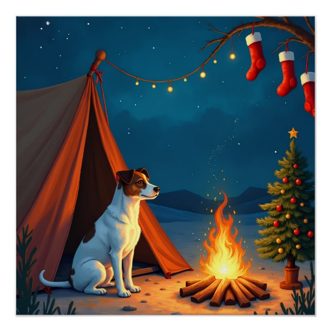 Jack Russell Christmas Camping Night Painting Poster (Front)