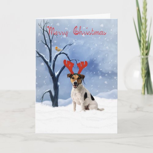 jack russell christmas card _ bulldog has reindeer
