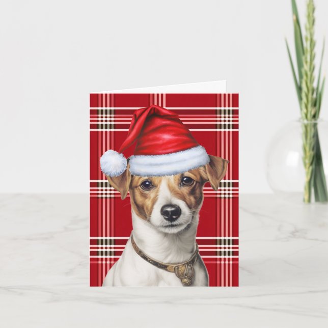 Jack Russell Christmas Dog Red Plaid Christmas Holiday Card (Front)