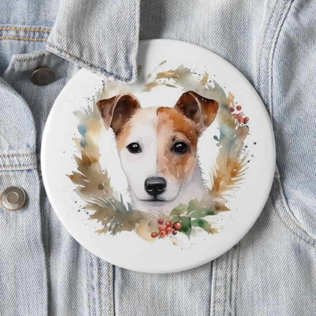 Jack Russell Christmas Wreath Festive Pup  Button (In Situ)
