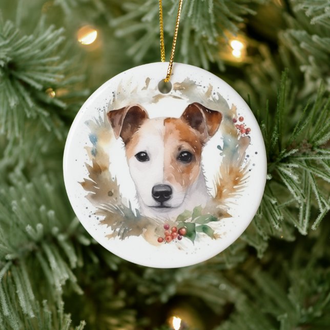 Jack Russell Christmas Wreath Festive Pup  Ceramic Ornament (Tree)