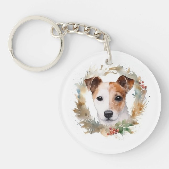 Jack Russell Christmas Wreath Festive Pup  Keychain (Front)