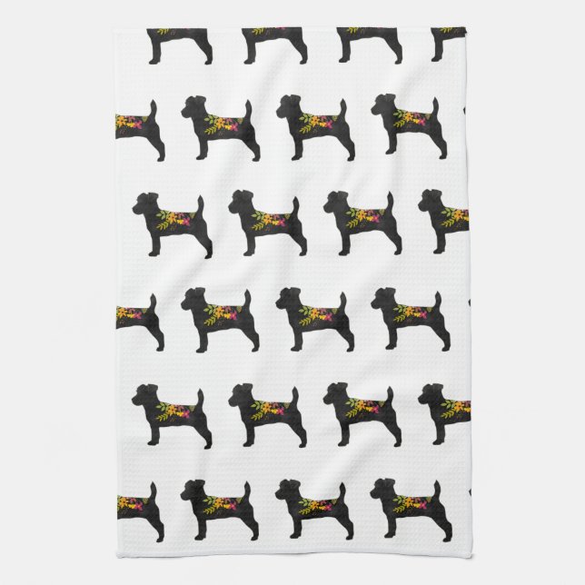 Jack Russell Dog Breed Boho Floral Silhouette Kitchen Towel (Vertical)