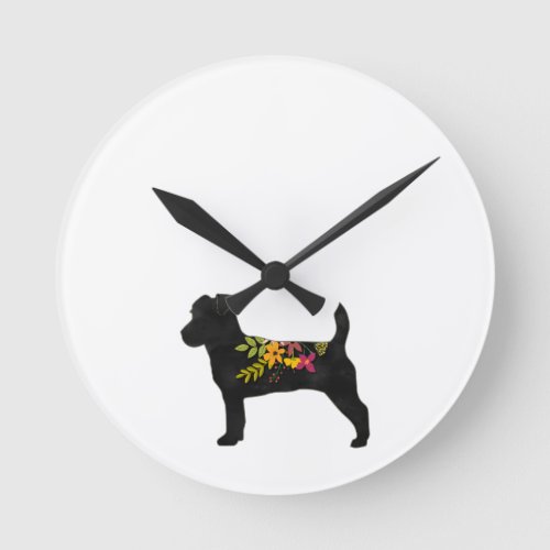 Jack Russell Dog Breed Boho Floral Silhouette Round Clock