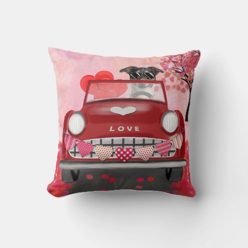 Jack Russell Dog Car with Hearts Valentines Throw Pillow