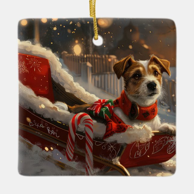 Jack Russell Dog Christmas Festive Ceramic Ornament (Front)