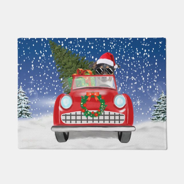 Jack Russell Dog Driving Car In Snow Christmas  Doormat (Front)