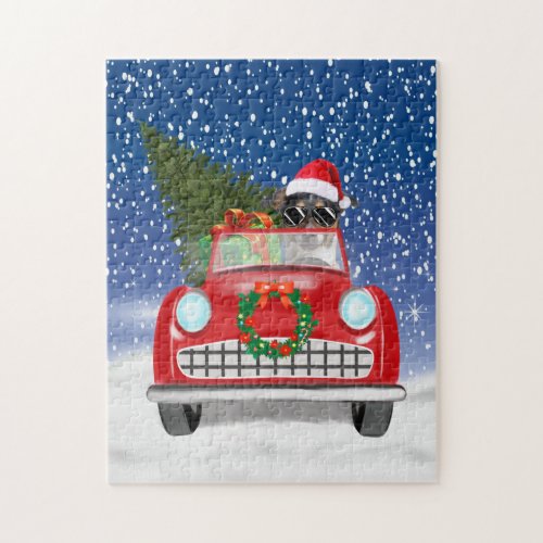 Jack Russell Dog Driving Car In Snow Christmas Jigsaw Puzzle