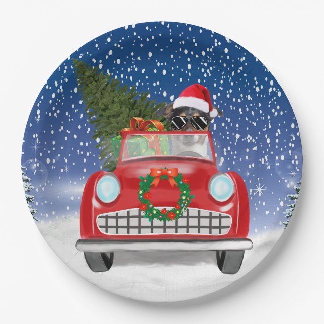 Jack Russell Dog Driving Car In Snow Christmas  Paper Plates (Front)