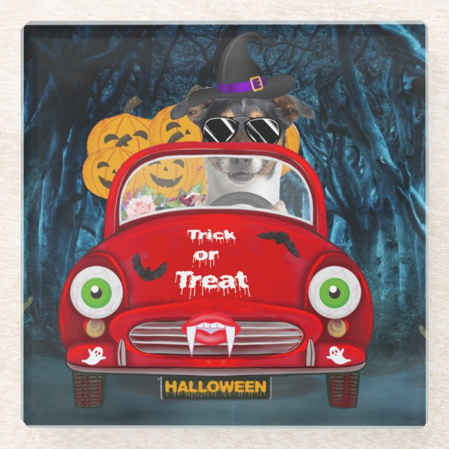 Jack Russell Dog Driving Car Scary Halloween Glass Coaster (Front)