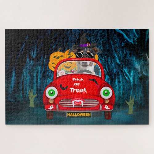 Jack Russell Dog Driving Car Scary Halloween Jigsaw Puzzle