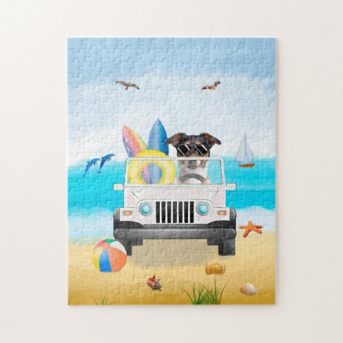  jack russell Dog Driving on Beach  Jigsaw Puzzle