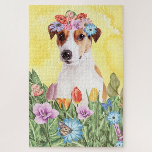 Jack Russell Dog Flowers Jigsaw Puzzle