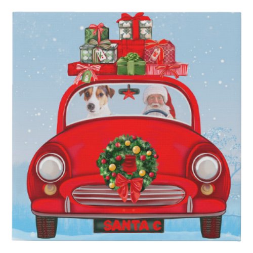 Jack Russell  Dog In Car With Santa Claus Faux Canvas Print