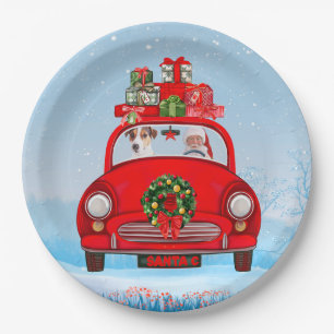 Jack Russell Dog In Car With Santa Claus Paper Plates