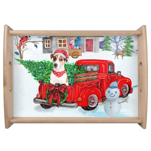 Jack Russell Dog In Christmas Delivery Truck Snow Serving Tray