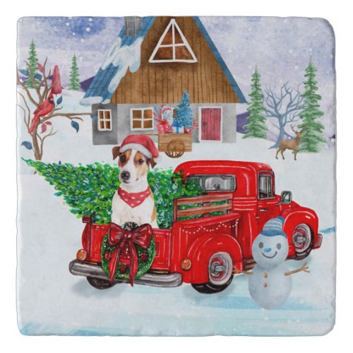 Jack Russell Dog In Christmas Delivery Truck Snow  Trivet