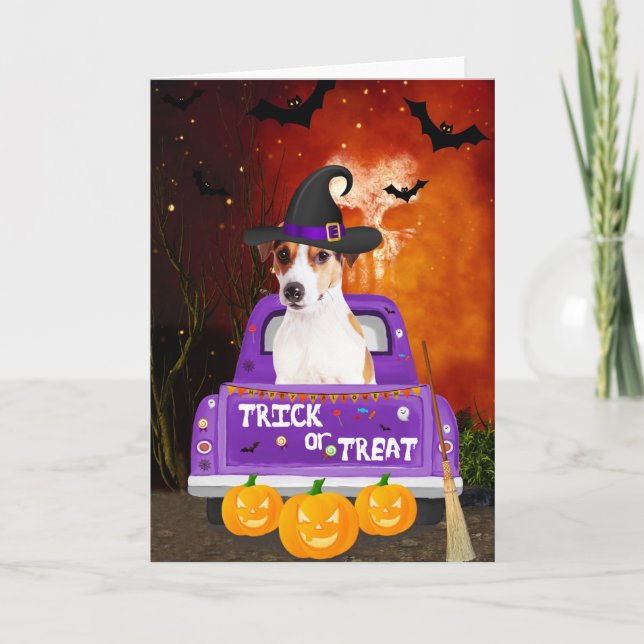 Jack Russell Dog in Halloween Truck Card (Front)