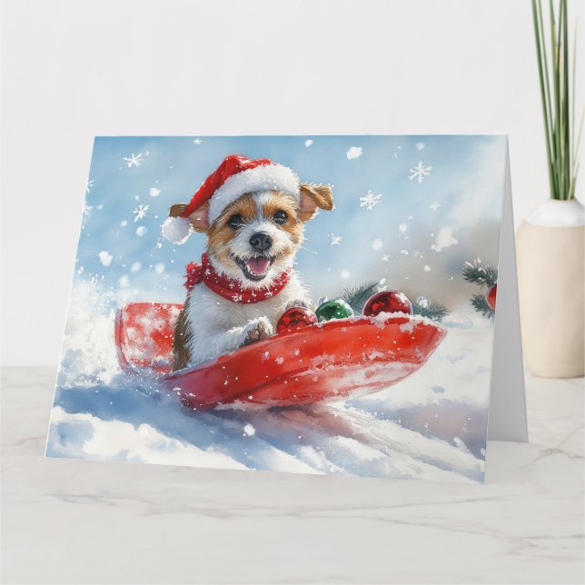 Jack Russell Dog in Sledge Let it Snow Christmas Card (Front)