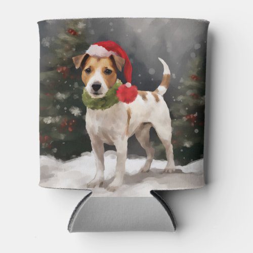 Jack Russell Dog in Snow Christmas Can Cooler