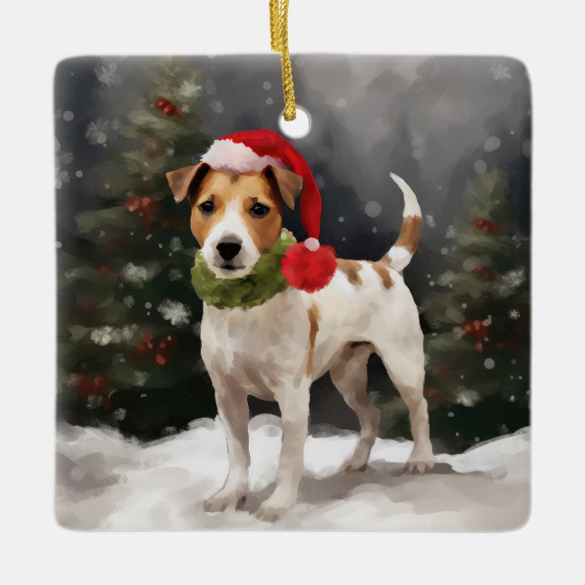 Jack Russell Dog in Snow Christmas Ceramic Ornament (Front)