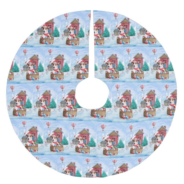 Jack Russell Dog In snow Christmas Dog House Brushed Polyester Tree Skirt (Front)