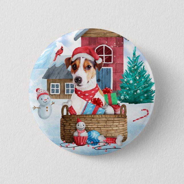 Jack Russell Dog In snow Christmas Dog House Button (Front)