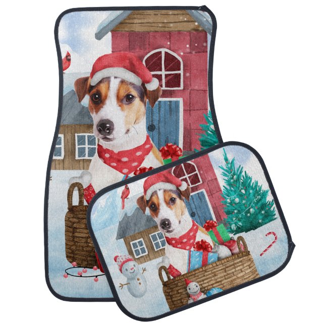 Jack Russell Dog In snow Christmas Dog House Car Floor Mat (Set)