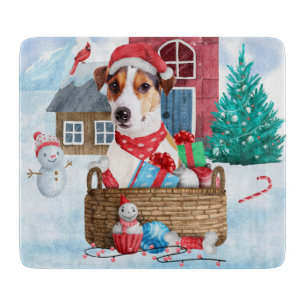 Jack Russell Dog In snow Christmas Dog House Cutting Board