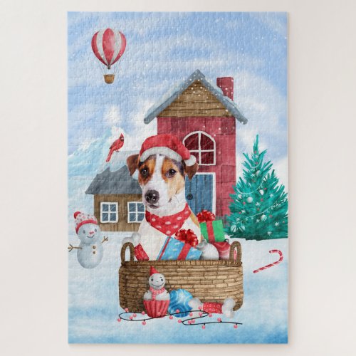 Jack Russell Dog In snow Christmas Dog House Jigsaw Puzzle