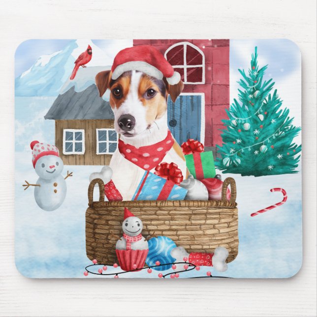 Jack Russell Dog In snow Christmas Dog House Mouse Pad (Front)