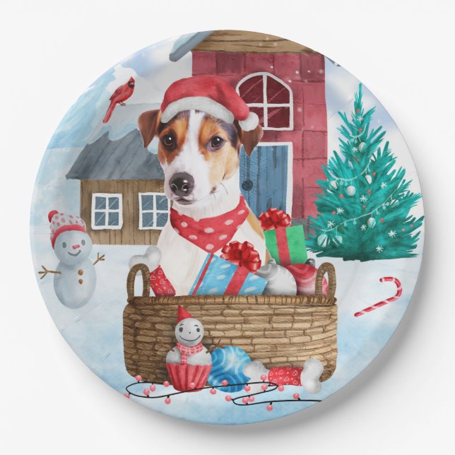 Jack Russell Dog In snow Christmas Dog House Paper Plates (Front)