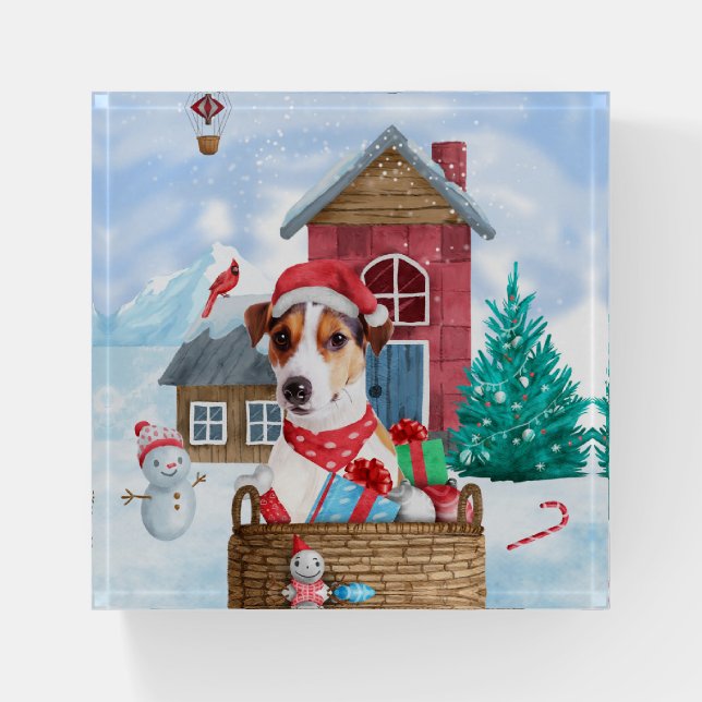 Jack Russell Dog In snow Christmas Dog House Paperweight (Front)