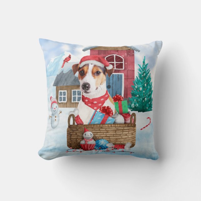 Jack Russell Dog In snow Christmas Dog House  Throw Pillow (Front)